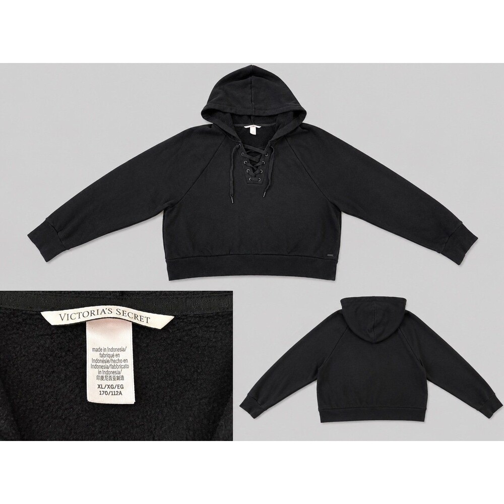 Victoria’s Secret Black Lace-Up Hooded Fleece Pullover Hoodie Women’s XL
